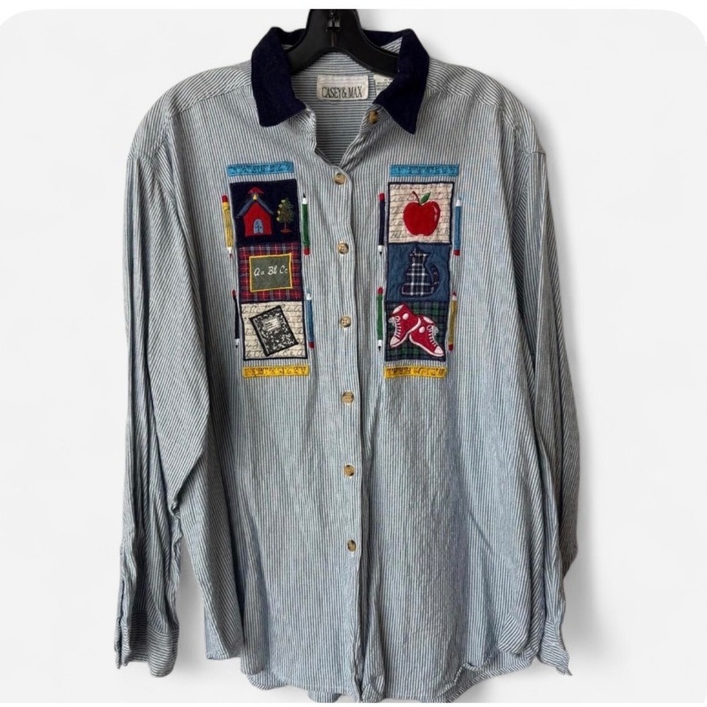 Vintage Casey & Max Button Down Shirt Blue Pinstripe School Teacher Novelty XL